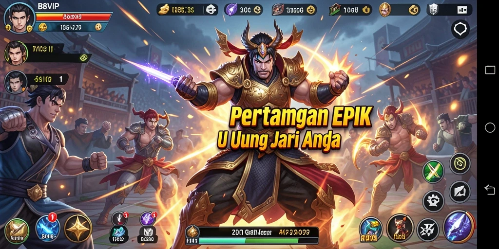 Tangkapan layar B8VIP menampilkan karakter bertarung dengan berbagai serangan.