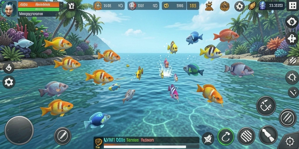 Screenshot gameplay VM108 yang menampilkan momen menembak ikan.